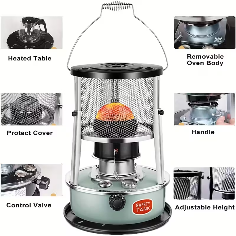 Portable 2600W Kerosene Heater and Stove, Non-Electric Indoor/Outdoor Oil Heater with Adjustable Flame, 1.19 Gallon Fuel Tank, Safety Mesh Guard and Stable Base for Camping, Garage and Emergency Use (Black)