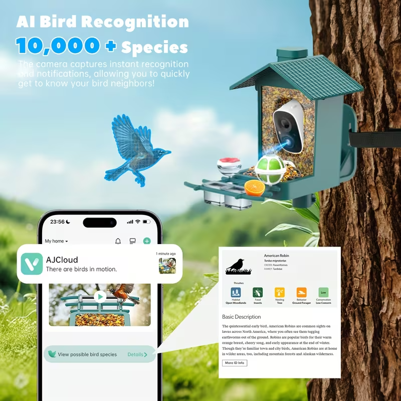 Smart Bird Feeder with 2K Camera – AI Recognition of 10,000+ Bird Species, Remote App Monitoring, IP66 Waterproof, Long Battery Life, Outdoor Bird Watching Feeder for Garden & Backyard – Perfect Gift for Bird Lovers