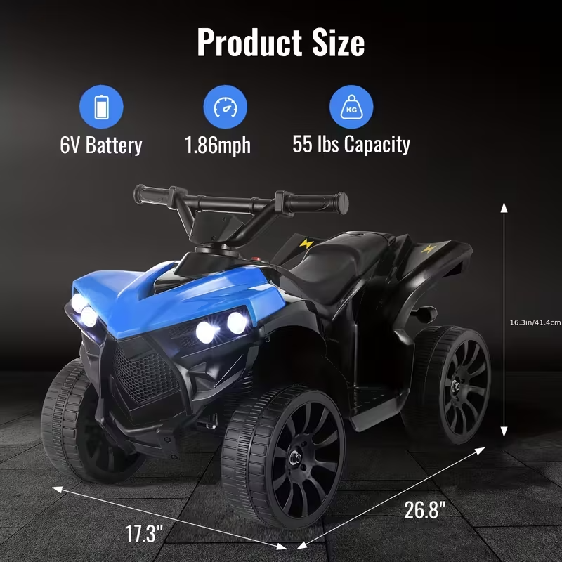 Kids Electric Quad ATV Ride-On with Headlights, Pedal Accelerator, All-Terrain Anti-Slip Tires, 1.86 MPH Speed, Sturdy PP Body, USB Power, 55 lbs Capacity – Ride-On Toy for Boys and Girls, Ages 3+, Red/Black