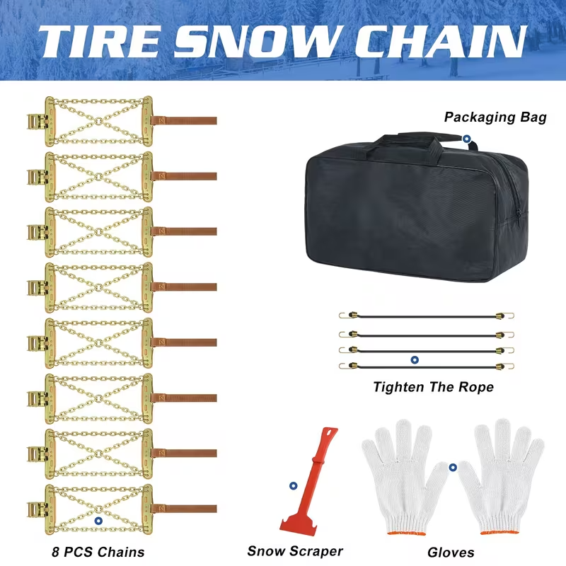 8-Pack Heavy-Duty Snow Chains for Cars, SUVs & Trucks – Quick Install, Enhanced Grip, Fits Tires 215–285 mm