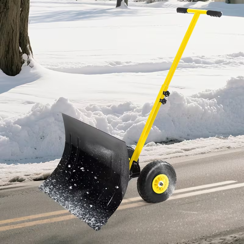 Rolling Snow Shovel with Wheels – Durable Carbon Steel Blade, Single Handle, Pre-Installed Parts for Quick Use, Ideal for Driveway and Walkway Snow Clearing