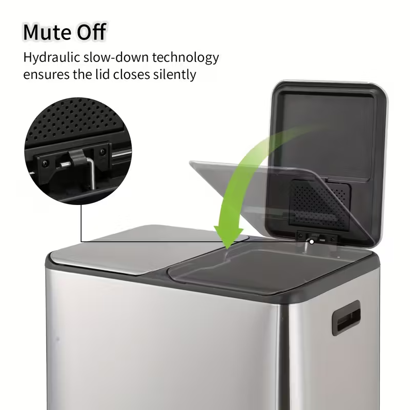 16-Gallon Dual Compartment Stainless Steel Kitchen Trash Can – Hands-Free Foot Pedal, Soft-Close Lid, Odor-Control Boxes, Airtight Design, Removable Buckets & Side Handles for Home or Office