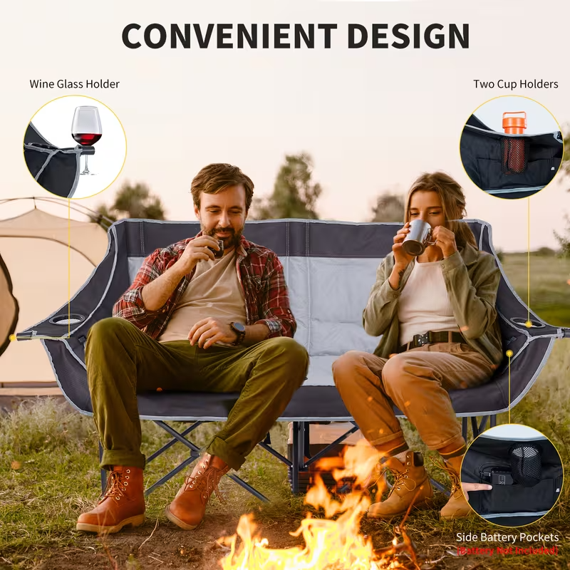 Oversized Heated Double Camping Chair – Foldable 2-Person Padded Loveseat with Dual Heating Zones, Heavy-Duty Frame, Carry Bag Included (Battery Not Included), Outdoor-Only Use