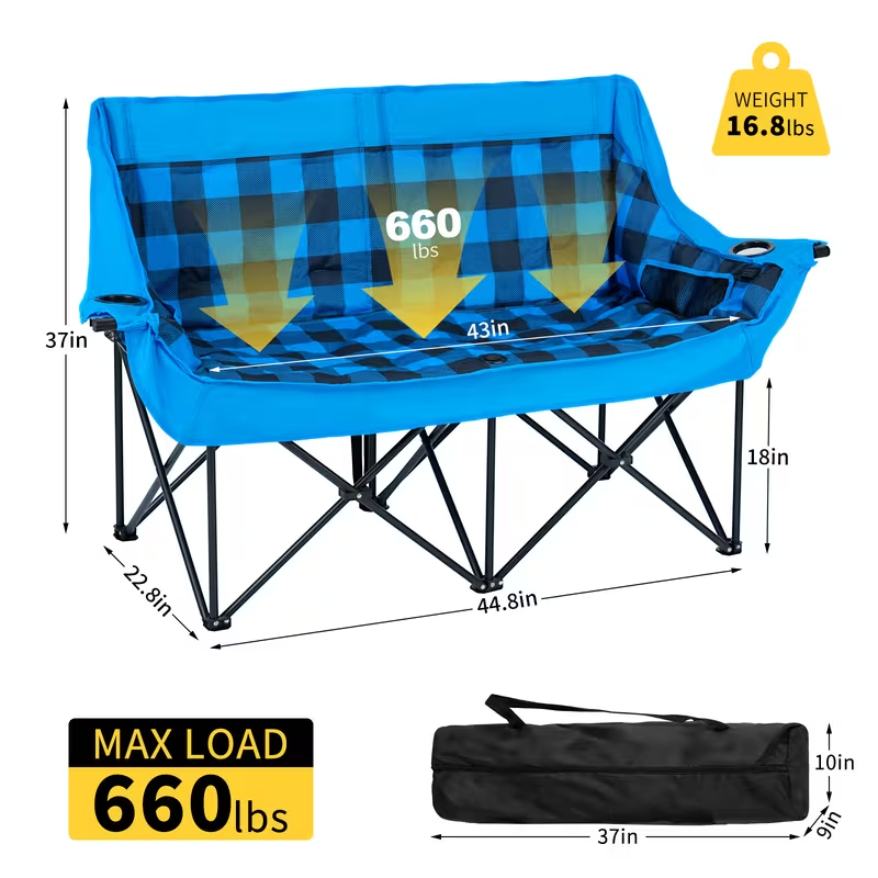 Oversized Heated Double Camping Chair – Foldable 2-Person Padded Loveseat with Dual Heating Zones, Heavy-Duty Frame, Carry Bag Included (Battery Not Included), Outdoor-Only Use
