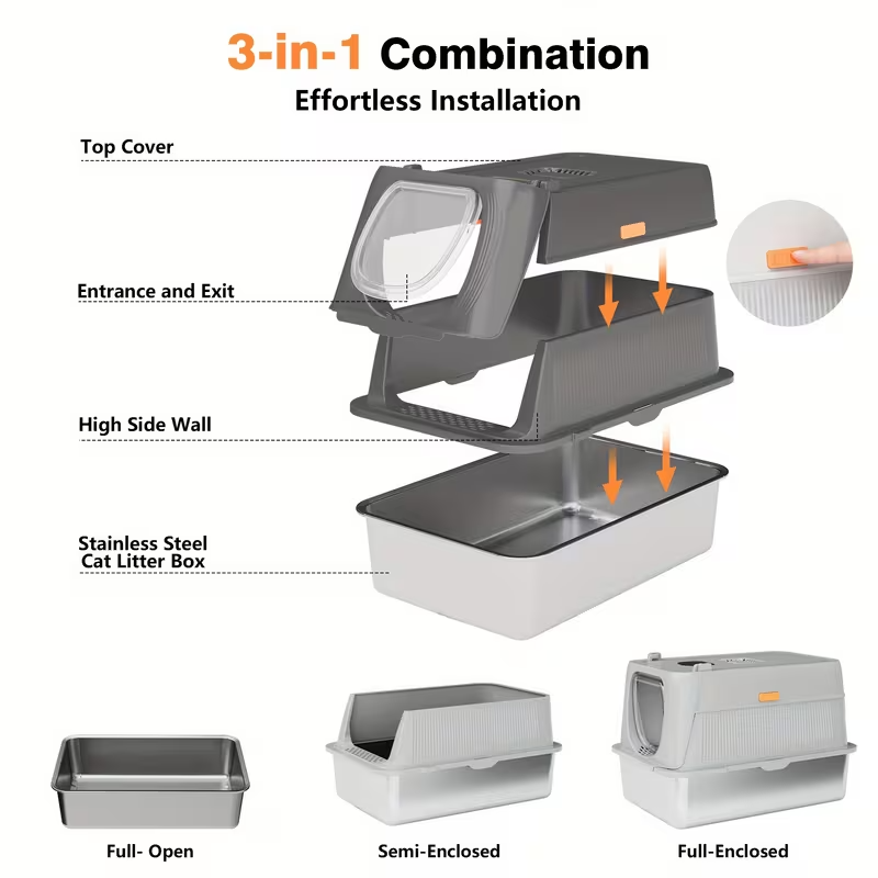 Extra Large Stainless Steel Cat Litter Box – Fully Enclosed Design with Foldable Anti-Splash Lid, Front Flap Door, and Odor-Sealing Deodorization System – Spacious, Durable, Easy-Clean Litter Box for Indoor Cats