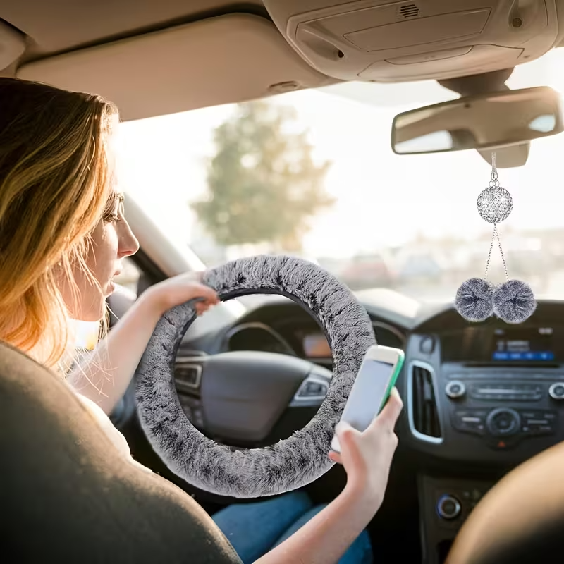 11-Piece Universal Plush Car Seat Covers Set – Soft Winter Car Decoration Kit with Steering Wheel Cover, Mirror Accessories, Handbrake Covers, and Sponge-Filled Knit Fabric