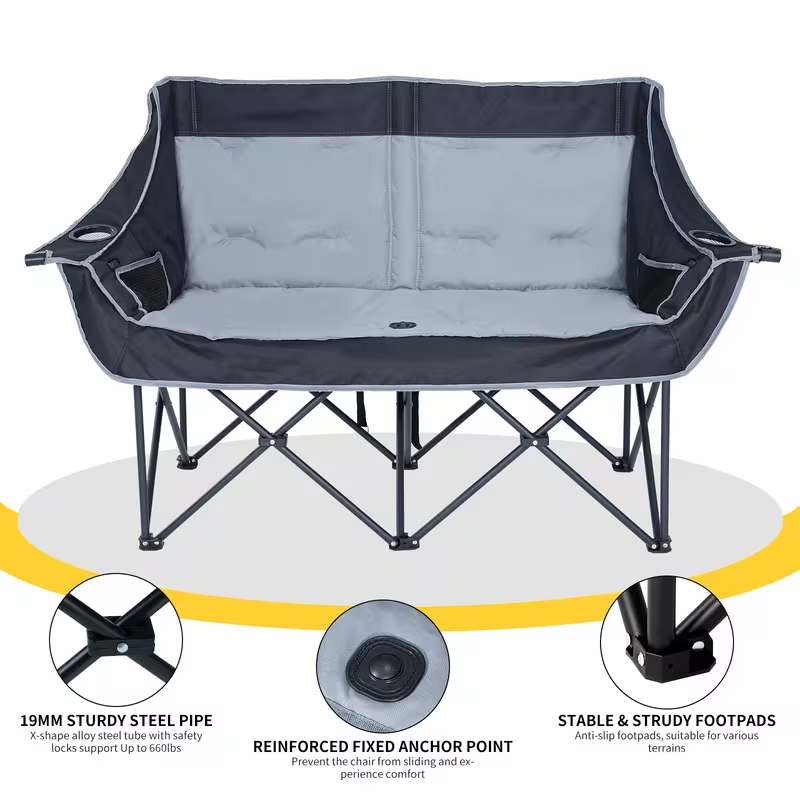 Oversized Heated Double Camping Chair – Foldable 2-Person Padded Loveseat with Dual Heating Zones, Heavy-Duty Frame, Carry Bag Included (Battery Not Included), Outdoor-Only Use