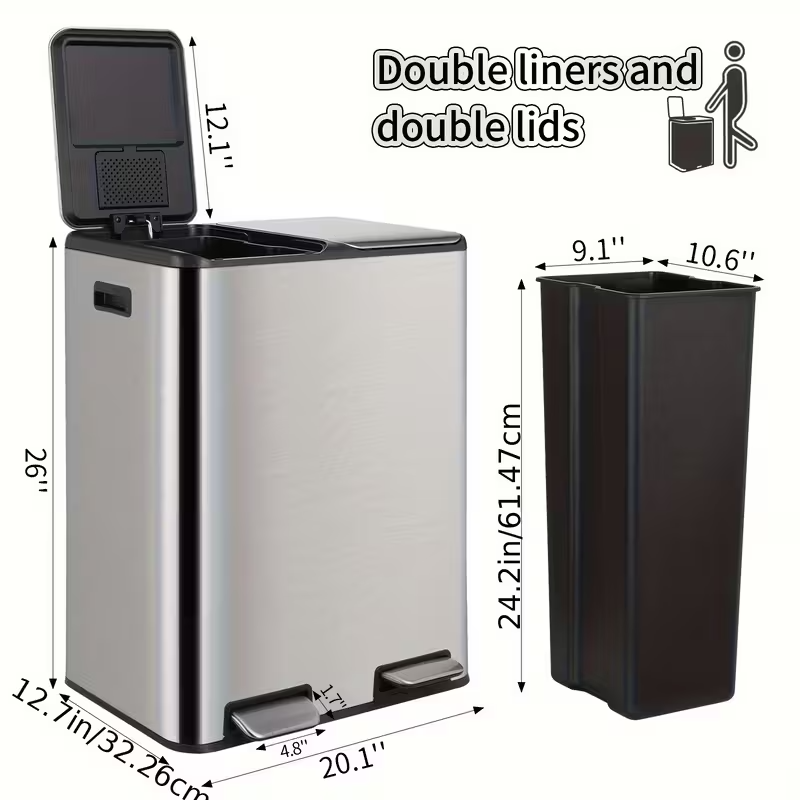 16-Gallon Dual Compartment Stainless Steel Kitchen Trash Can – Hands-Free Foot Pedal, Soft-Close Lid, Odor-Control Boxes, Airtight Design, Removable Buckets & Side Handles for Home or Office