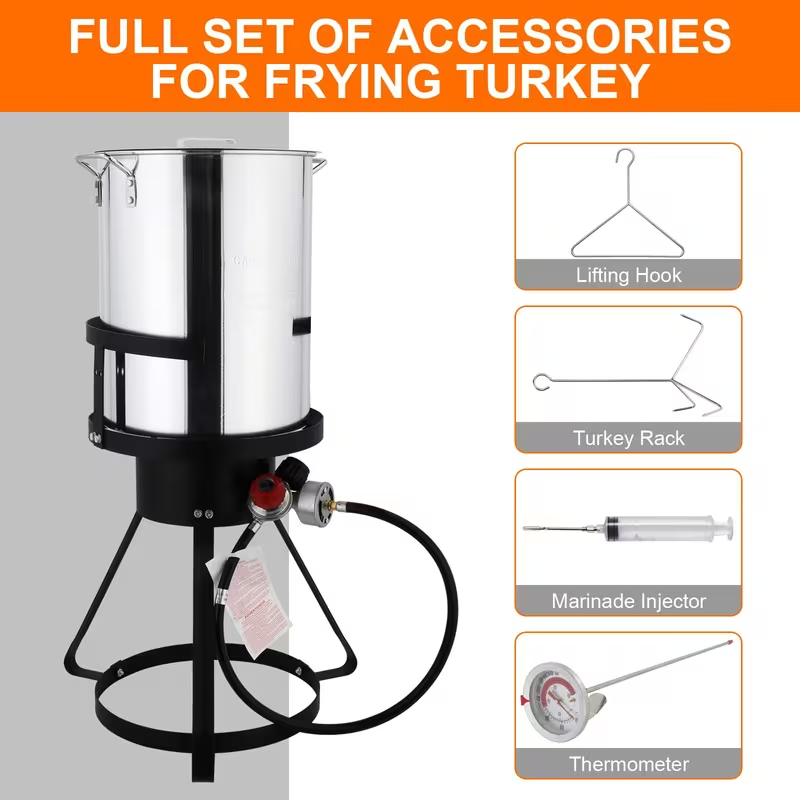 30QT Stainless Steel Turkey Fryer with 55,000 BTU Propane Burner, Deep Fry Basket, Thermometer, Marinade Injector, Turkey Rack and Lifter, Outdoor Turkey Frying Kit
