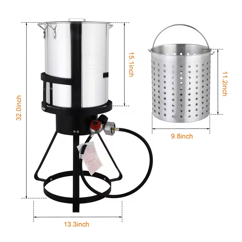 30QT Stainless Steel Turkey Fryer with 55,000 BTU Propane Burner, Deep Fry Basket, Thermometer, Marinade Injector, Turkey Rack and Lifter, Outdoor Turkey Frying Kit
