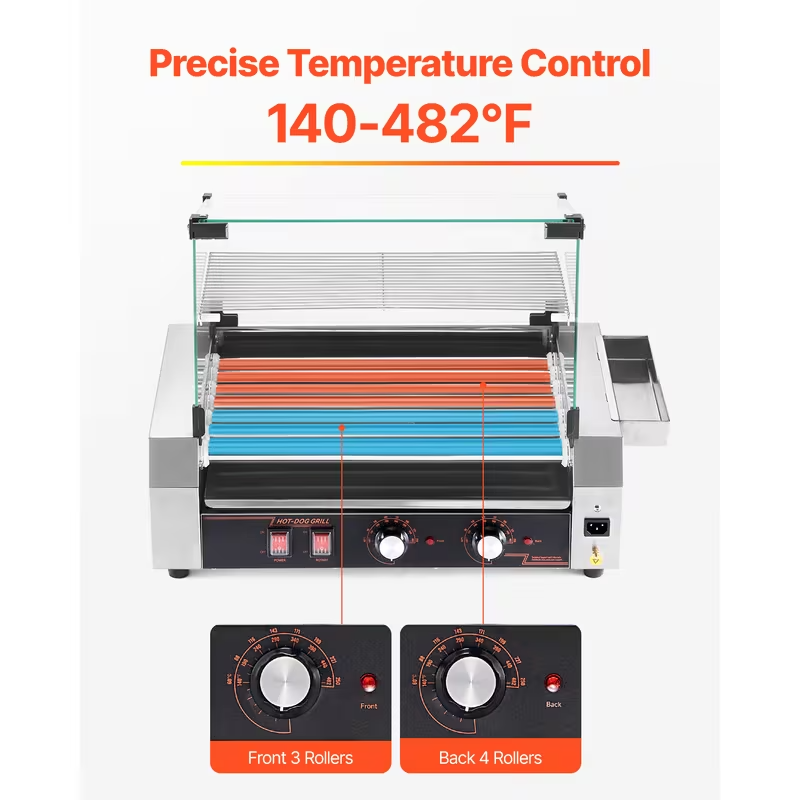 Electric Commercial Hot Dog Roller Grill – 5/7/11 Rollers | 12/18/30 Hot Dog Capacity | 110V Stainless Steel Cooker with Even Heating & Protective Cover