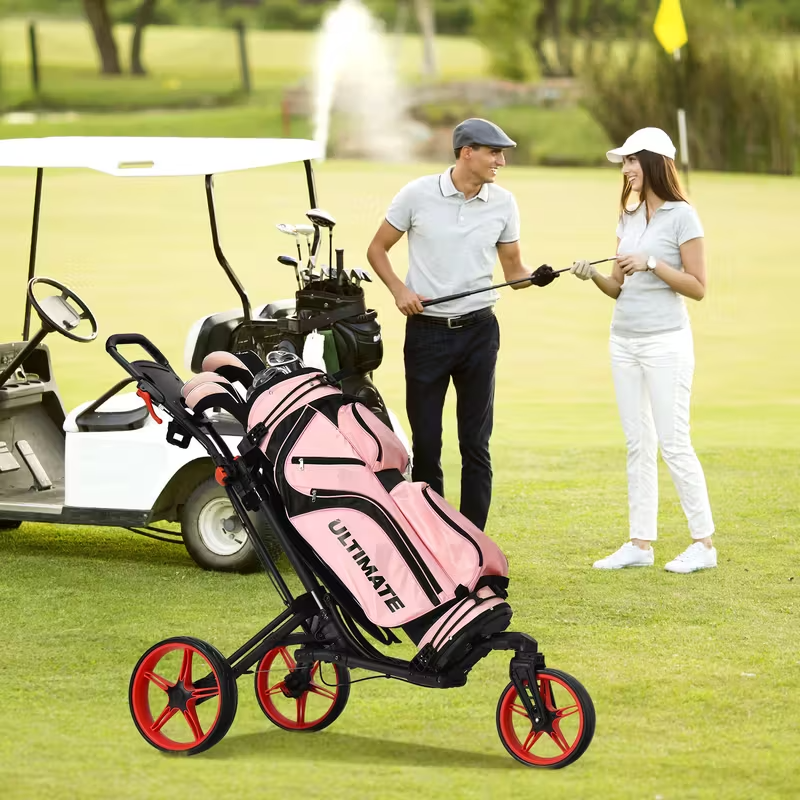Folding Golf Push Cart, Lightweight Aluminum Golf Trolley with Adjustable Handle, Swivel Front Wheel, Foot Brake, Scoreboard and Cup Holder, Compact Design with Golf Bag Straps