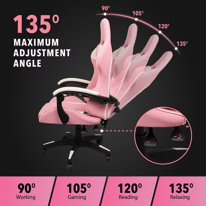 Ergonomic Gaming Chair – 155° Reclining Office Chair with Lumbar Support, Headrest, Fixed Armrests, Manual Recline Handle, Comfortable Cushioned Seat – White/Red/Black Gaming & Home Office Chair