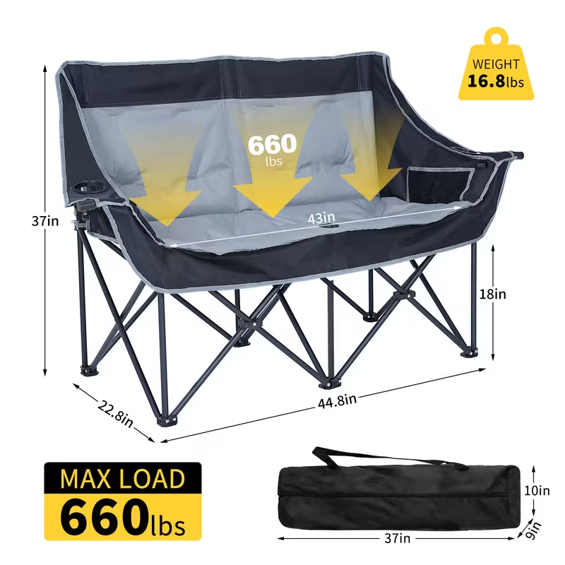 Oversized Heated Double Camping Chair – Foldable 2-Person Padded Loveseat with Dual Heating Zones, Heavy-Duty Frame, Carry Bag Included (Battery Not Included), Outdoor-Only Use