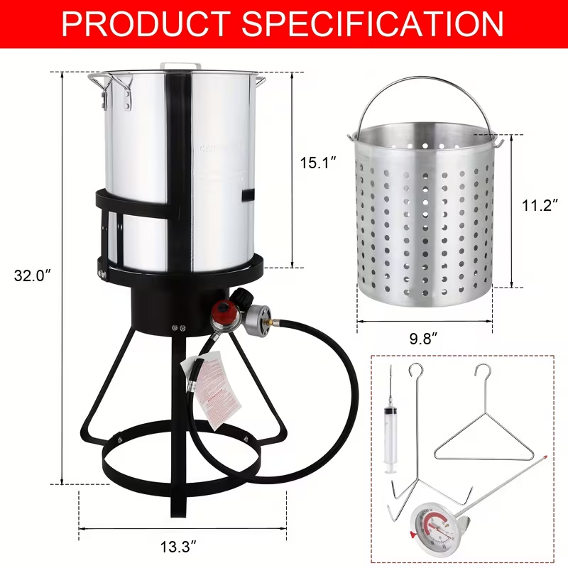 30QT Stainless Steel Turkey Fryer with 55,000 BTU Propane Burner, Deep Fry Basket, Thermometer, Marinade Injector, Turkey Rack and Lifter, Outdoor Turkey Frying Kit