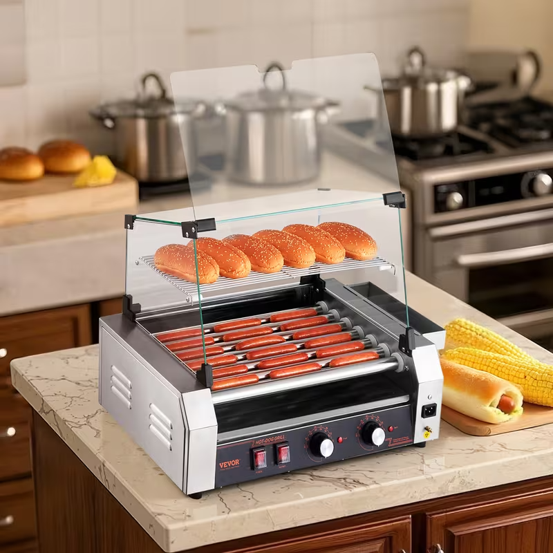 Electric Commercial Hot Dog Roller Grill – 5/7/11 Rollers | 12/18/30 Hot Dog Capacity | 110V Stainless Steel Cooker with Even Heating & Protective Cover