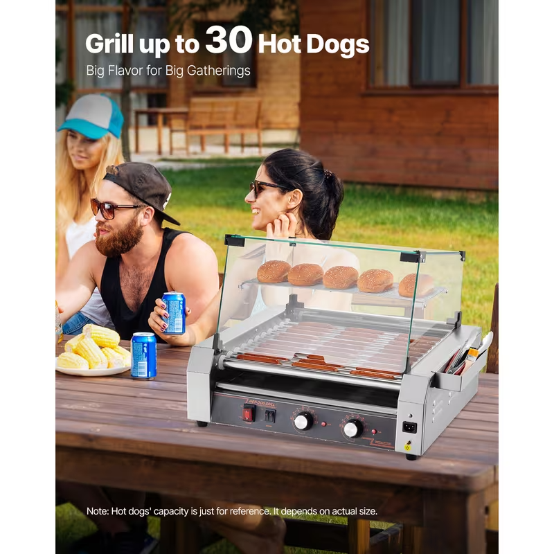 Electric Commercial Hot Dog Roller Grill – 5/7/11 Rollers | 12/18/30 Hot Dog Capacity | 110V Stainless Steel Cooker with Even Heating & Protective Cover