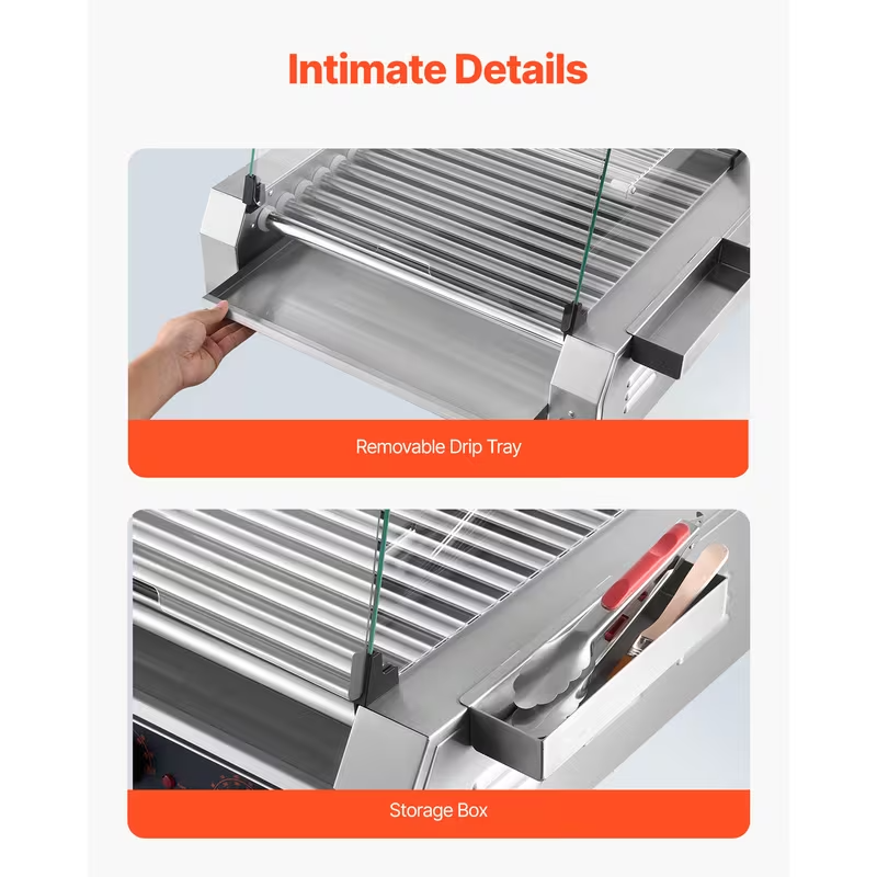 Electric Commercial Hot Dog Roller Grill – 5/7/11 Rollers | 12/18/30 Hot Dog Capacity | 110V Stainless Steel Cooker with Even Heating & Protective Cover