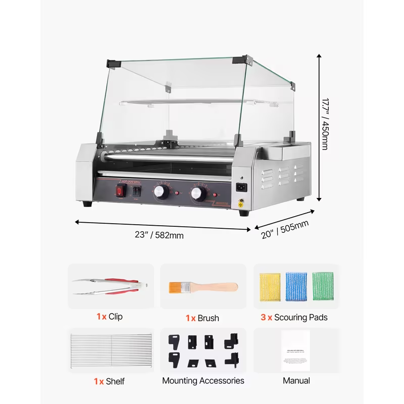 Electric Commercial Hot Dog Roller Grill – 5/7/11 Rollers | 12/18/30 Hot Dog Capacity | 110V Stainless Steel Cooker with Even Heating & Protective Cover