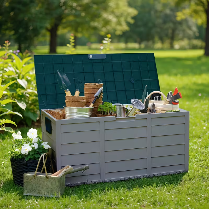75 Gallon Waterproof Deck Storage Box, Heavy-Duty Plastic Outdoor Storage Box with Flip-Top Hinged Lid, Lockable Design for Pool, Patio, Garage and Garden