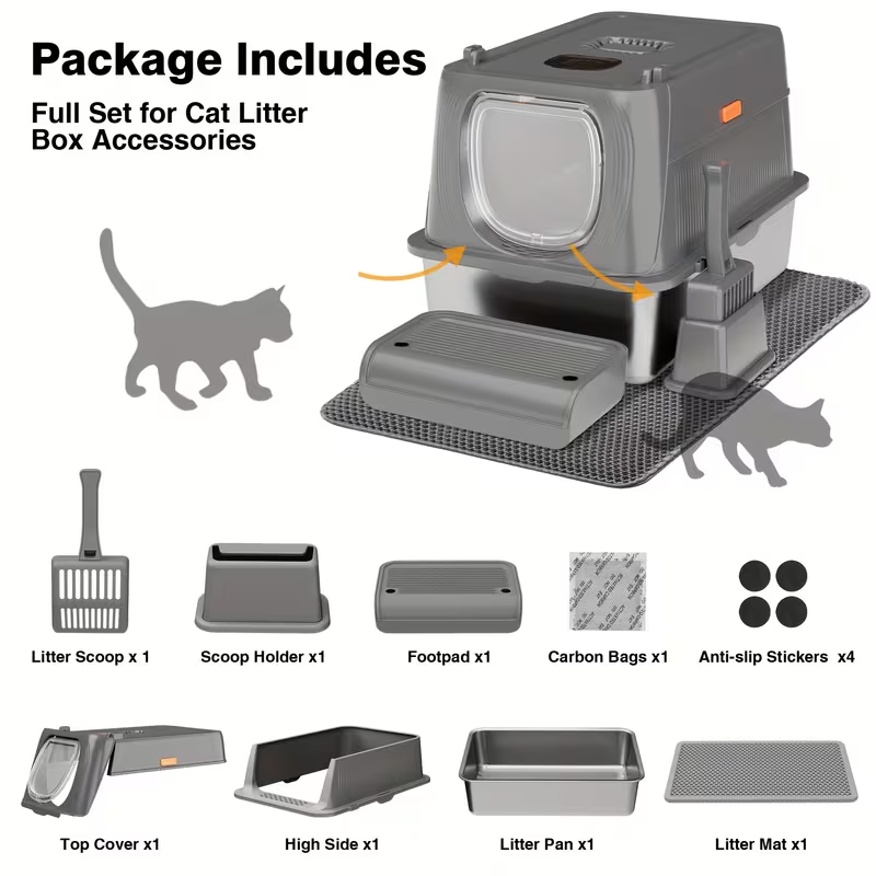 Extra Large Stainless Steel Cat Litter Box – Fully Enclosed Design with Foldable Anti-Splash Lid, Front Flap Door, and Odor-Sealing Deodorization System – Spacious, Durable, Easy-Clean Litter Box for Indoor Cats