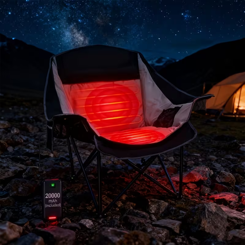 Oversized Heated Camping Chair with Optional Power Bank, 3 Heat Levels, Dual-Zone Heating, Foldable Heavy-Duty Chair with Footrest, 500 lb Capacity