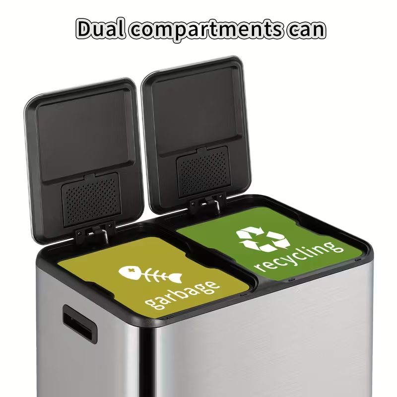 16-Gallon Dual Compartment Stainless Steel Kitchen Trash Can – Hands-Free Foot Pedal, Soft-Close Lid, Odor-Control Boxes, Airtight Design, Removable Buckets & Side Handles for Home or Office