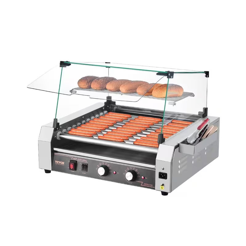 Electric Commercial Hot Dog Roller Grill – 5/7/11 Rollers | 12/18/30 Hot Dog Capacity | 110V Stainless Steel Cooker with Even Heating & Protective Cover