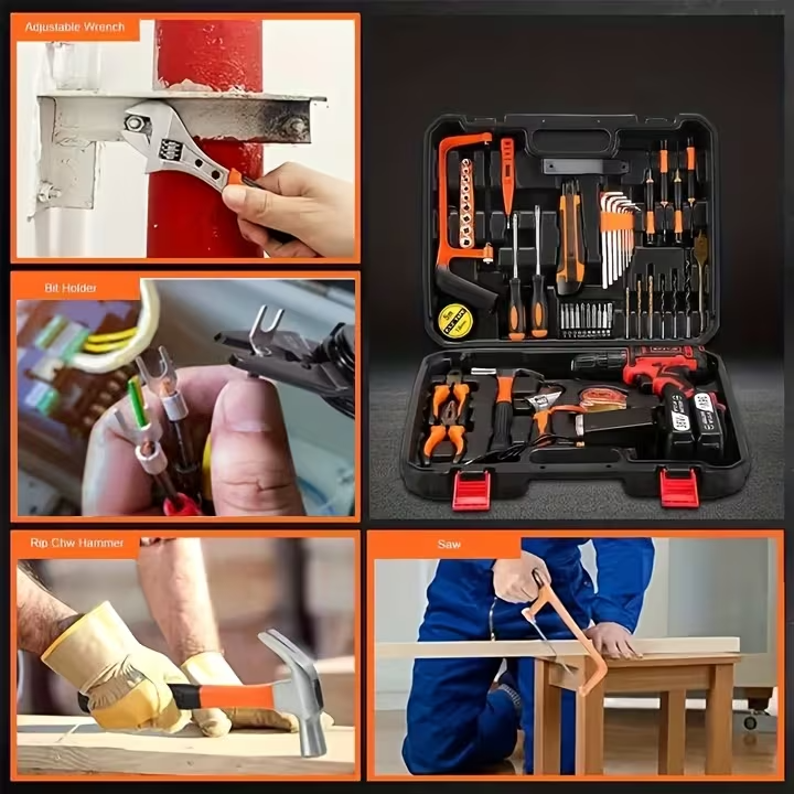102-Piece Cordless Power Tool Kit with 2 Batteries, Electric Drill and Impact Wrench Set, Ratchet Screwdriver and Home Repair Tool Kit for Household DIY