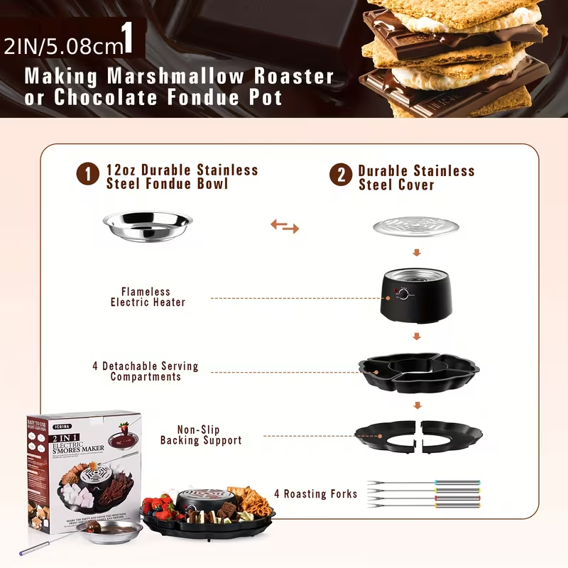 Electric Marshmallow Roaster and Chocolate Fondue Pot 2-in-1, 280W Adjustable Temperature, Detachable Baking Pan, 11.5oz Melting Bowl, Four Trays, Four Skewers, Stackable Base for Parties, Family Events, and Outdoor Activities