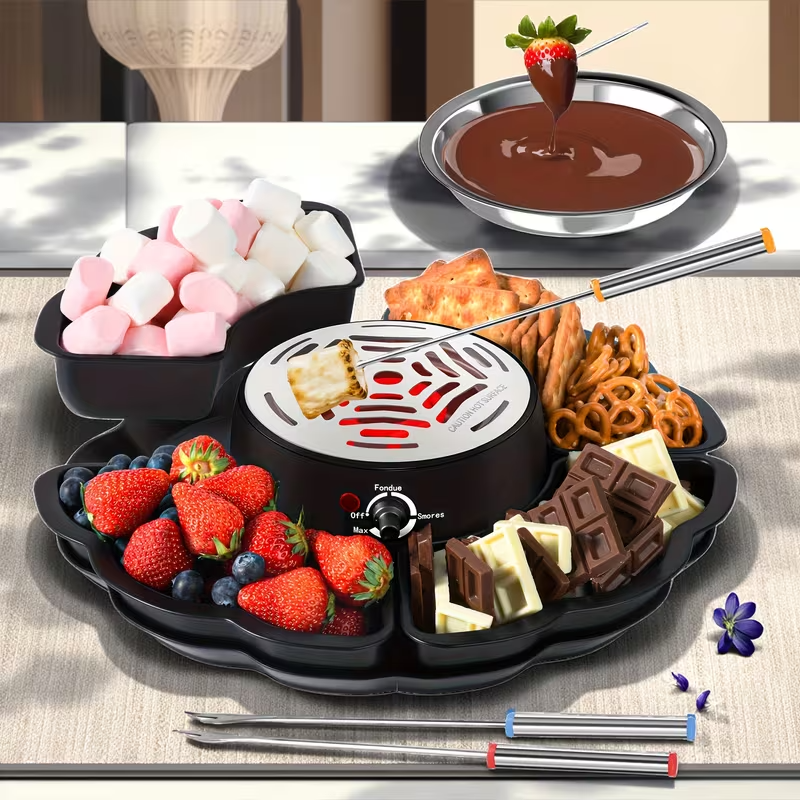 Electric Marshmallow Roaster and Chocolate Fondue Pot 2-in-1, 280W Adjustable Temperature, Detachable Baking Pan, 11.5oz Melting Bowl, Four Trays, Four Skewers, Stackable Base for Parties, Family Events, and Outdoor Activities