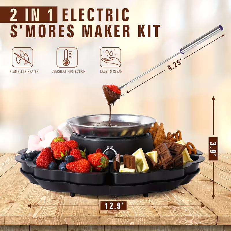 Electric Marshmallow Roaster and Chocolate Fondue Pot 2-in-1, 280W Adjustable Temperature, Detachable Baking Pan, 11.5oz Melting Bowl, Four Trays, Four Skewers, Stackable Base for Parties, Family Events, and Outdoor Activities