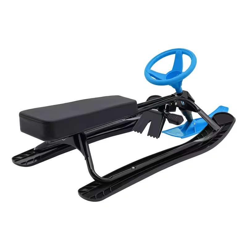 Blue Snow Racer Sled with Steering Wheel and Brakes, Heavy-Duty Steel Frame, 220 lbs Capacity All-Terrain Sled for Kids, Teens, and Adults, Smooth Ride on Snow, Ice, Grass, and Sand