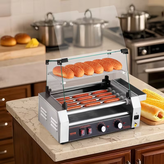Electric Commercial Hot Dog Roller Grill – 5/7/11 Rollers | 12/18/30 Hot Dog Capacity | 110V Stainless Steel Cooker with Even Heating & Protective Cover