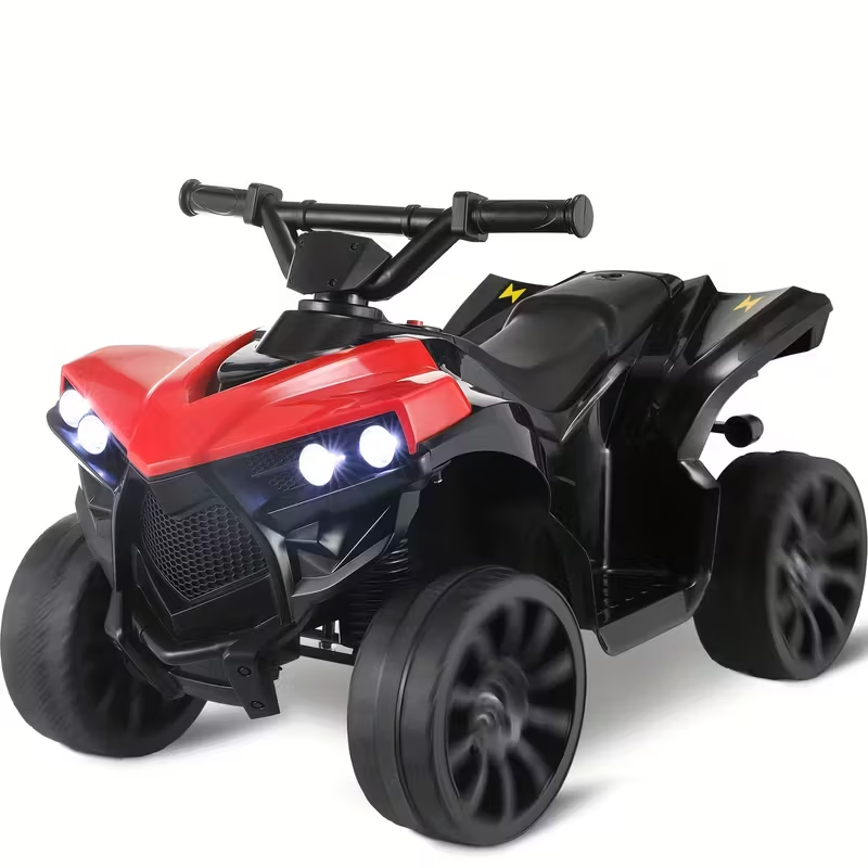 Kids Electric Quad ATV Ride-On with Headlights, Pedal Accelerator, All-Terrain Anti-Slip Tires, 1.86 MPH Speed, Sturdy PP Body, USB Power, 55 lbs Capacity – Ride-On Toy for Boys and Girls, Ages 3+, Red/Black
