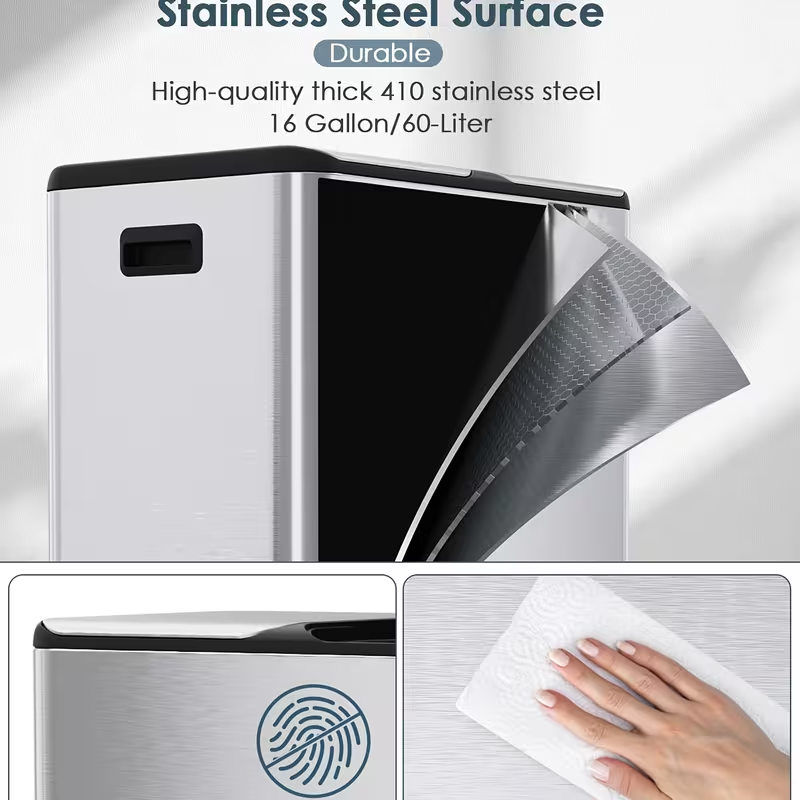 16-Gallon Dual Compartment Stainless Steel Kitchen Trash Can – Hands-Free Foot Pedal, Soft-Close Lid, Odor-Control Boxes, Airtight Design, Removable Buckets & Side Handles for Home or Office