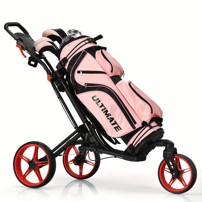 Folding Golf Push Cart, Lightweight Aluminum Golf Trolley with Adjustable Handle, Swivel Front Wheel, Foot Brake, Scoreboard and Cup Holder, Compact Design with Golf Bag Straps