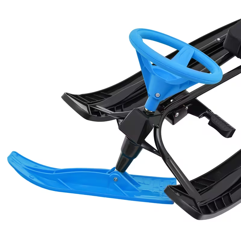 Blue Snow Racer Sled with Steering Wheel and Brakes, Heavy-Duty Steel Frame, 220 lbs Capacity All-Terrain Sled for Kids, Teens, and Adults, Smooth Ride on Snow, Ice, Grass, and Sand