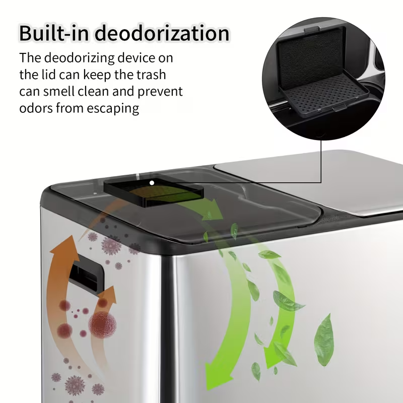 16-Gallon Dual Compartment Stainless Steel Kitchen Trash Can – Hands-Free Foot Pedal, Soft-Close Lid, Odor-Control Boxes, Airtight Design, Removable Buckets & Side Handles for Home or Office