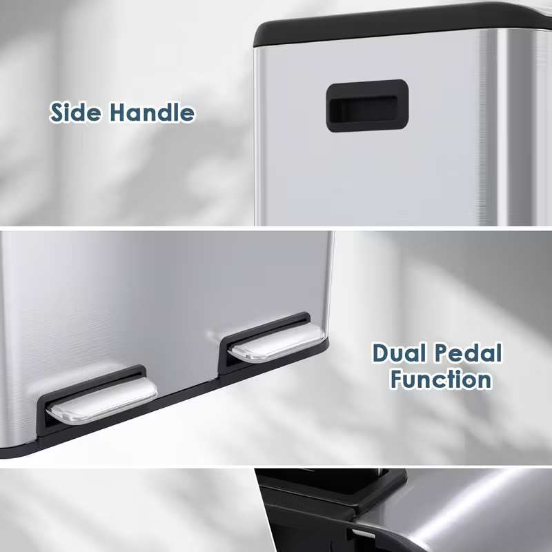 16-Gallon Dual Compartment Stainless Steel Kitchen Trash Can – Hands-Free Foot Pedal, Soft-Close Lid, Odor-Control Boxes, Airtight Design, Removable Buckets & Side Handles for Home or Office