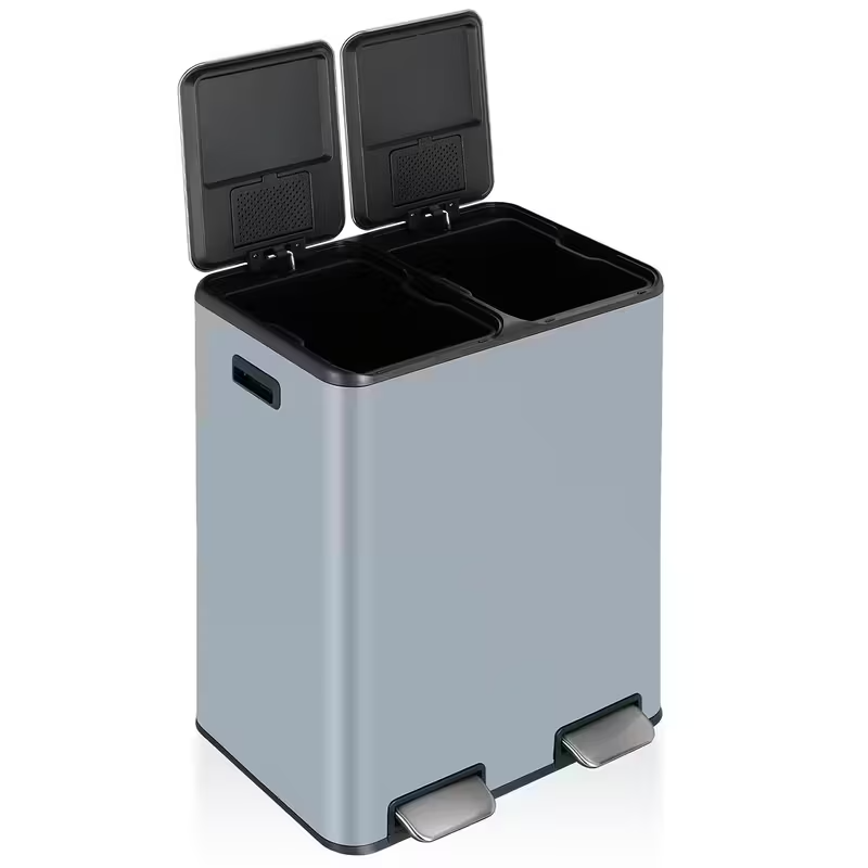 16-Gallon Dual Compartment Stainless Steel Kitchen Trash Can – Hands-Free Foot Pedal, Soft-Close Lid, Odor-Control Boxes, Airtight Design, Removable Buckets & Side Handles for Home or Office