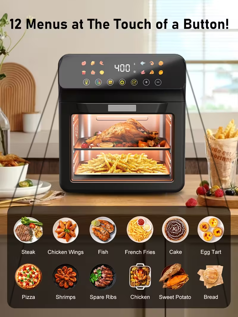 12QT Extra Large Convection Countertop Oven – Multi-Functional Air Fryer Toaster Oven Combo with LED Digital Touchscreen, Visible Window, Stainless Steel Interior, Oil-Free Frying, Baking, Roasting & Broiling – Space-Saving Healthy Cooking Appliance