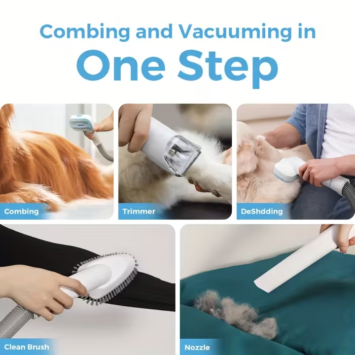 300W Dog Grooming Vacuum, 5-in-1 Pet Grooming Kit with Strong Suction, Large-Capacity 1.2L Dog Vacuum for Shedding, Quiet Operation, Cordless Grooming System with Pet Clipper & Nail Grinder for Home Cleaning