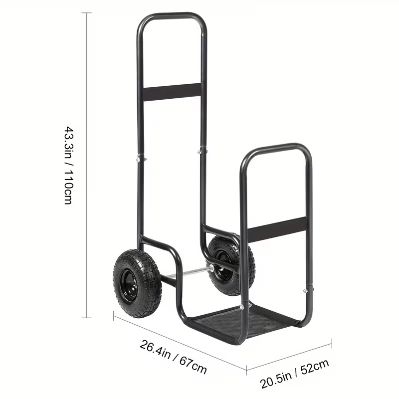 Firewood Log Cart with Pneumatic Wheels, 250 lb Capacity Heavy-Duty Steel Firewood Carrier for Fireplace and Fire Pit, Indoor and Outdoor Use, Black