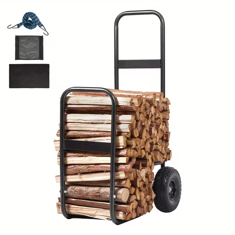Firewood Log Cart with Pneumatic Wheels, 250 lb Capacity Heavy-Duty Steel Firewood Carrier for Fireplace and Fire Pit, Indoor and Outdoor Use, Black