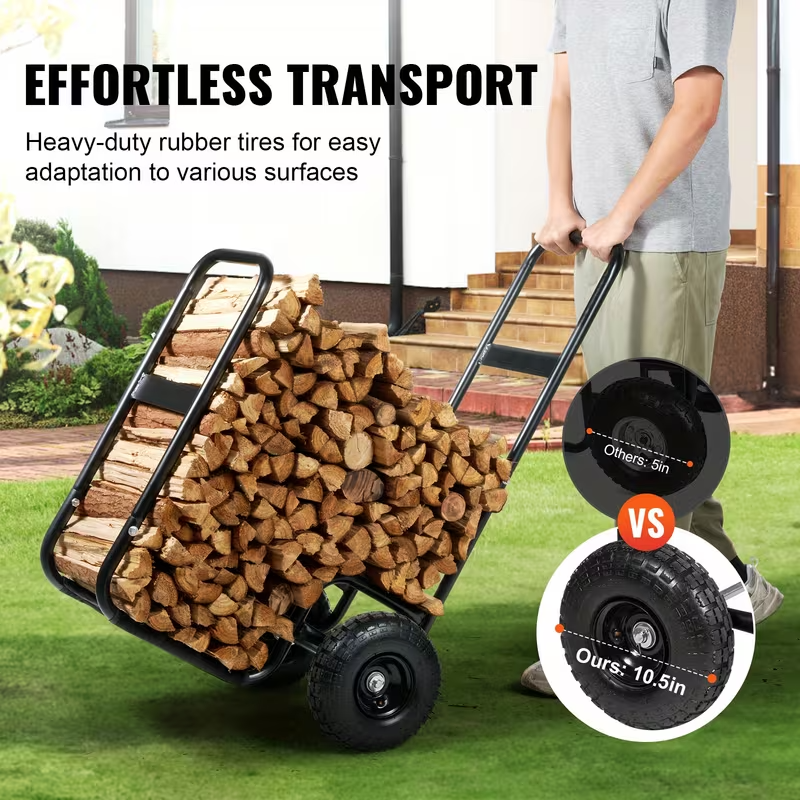 Firewood Log Cart with Pneumatic Wheels, 250 lb Capacity Heavy-Duty Steel Firewood Carrier for Fireplace and Fire Pit, Indoor and Outdoor Use, Black
